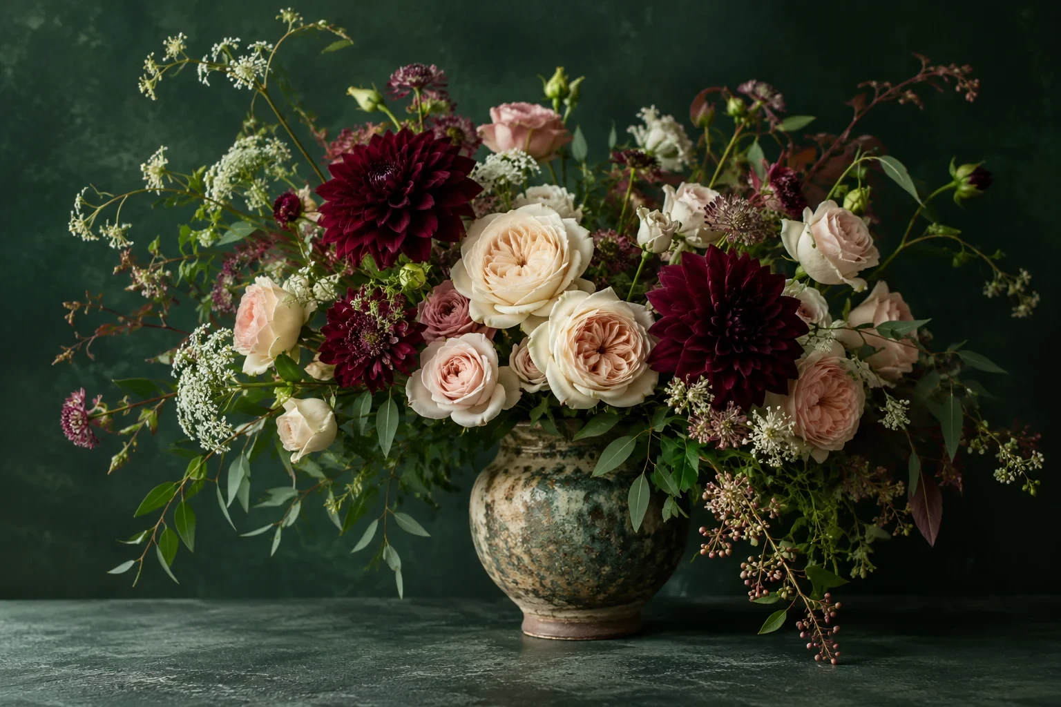 Composición floral ilustrativa de rosas crema y dalias burdeos en un jarrón cerámico